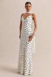 Starling White Black Polka Dot Matte Satin Plunge Neck Maxi Dress With Scarf Detail