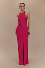 Rinna Satin Halter Maxi Dress Pink Cherry