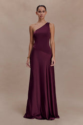 Lyla Asymmetrical Satin Maxi Dress Plum