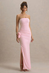 My Muse Pink Ruched Bandeau Split Maxi Dress With Flowers