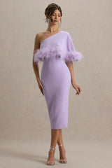 Victory Lilac One Shoulder Midi Dress With Feather Trim