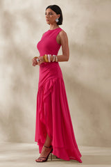 Noelia Hot Pink High Neck Maxi Dress With Ruffled Detailing