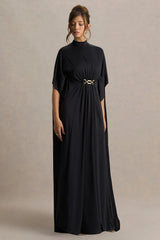 Olessia Black Belted Gathered Cape Sleeve Maxi Dress