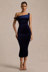 Carella Navy Velvet Twisted Asymmetric Midi Dress