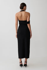 Sable Crossover Crepe Midi Dress Black