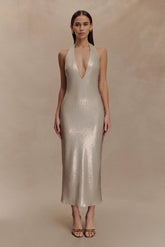 Carnation Sequin Halter Midi Dress Gold
