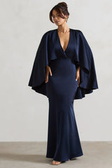 Yasie Navy Satin Plunge Neck Maxi Dress With Cape Sleeves