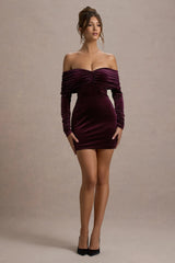Gilda Port Velvet Bardot Long Sleeve Mini Dress