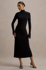 Cassandra Black High Neck Long Sleeve Midi Dress