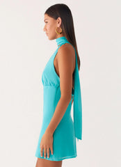 Melisande Scarf Neck Mini Dress Aqua Blue