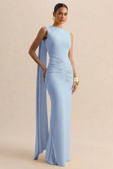 Premiere Powder Blue Boat Neck Maxi Dress With Cape Sleeves And Open Back