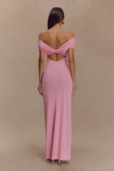 Imogen Off Shoulder Slinky Maxi Dress Candy Pink