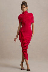 Enchant Red Asymmetric Twisted Cape Midi Dress