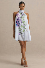 Evita Powder Blue Rose Print High Neck A Line Mini Dress With Bow