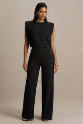 Tiff Black Crew Neck Jumpsuit With Draped Detailing