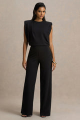 Tiff Black Crew Neck Jumpsuit With Draped Detailing