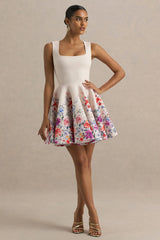 Gemstone Light Pink Floral Print Square Neck Skater Mini Dress