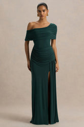 Dynasty Dark Green Asymmetric Neck Maxi Dress With Ruched Detailing And Front High Split