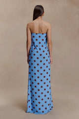 Amaya Strapless Chiffon Maxi Dress Blue Polka Dot