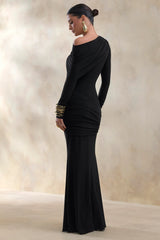 Kessara Black Asymmetric Neck Maxi Dress With Sash And Gathered Detailing