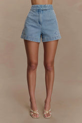 Kylee Embroidered Shorts Mid Blue