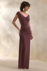 Petronia Brown V Neck Maxi Dress With Wrap Detail