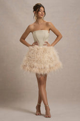 Peaches Champagne Strapless Mini Dress With Volume Feather Hem