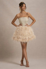 Peaches Champagne Strapless Mini Dress With Volume Feather Hem