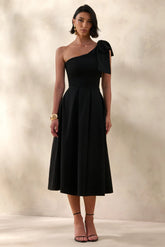 Meria Black Asymmetric Neck Midi Dress With Bow Sleeve