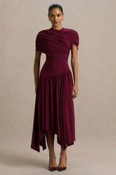 Ione Burgundy Wrapped Midi Dress With Hanky Hem