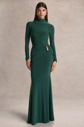 Solarium Dark Green Long Sleeve Maxi Dress With Gold Detail