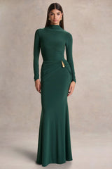 Solarium Dark Green Long Sleeve Maxi Dress With Gold Detail