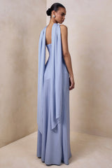 Charly Powder Blue Matte Satin Bandeau Maxi Dress With Scarf Detail