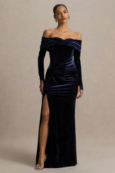 Countess Navy Velvet Bardot Neck Wrapped Maxi Dress With Front High Split