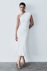 Chloe Peached Jersey One Shoulder Midi Dress Ivory