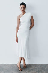 Chloe Peached Jersey One Shoulder Midi Dress Ivory