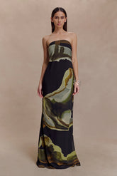 Amaya Strapless Chiffon Maxi Dress Green Fluid Reverie Print