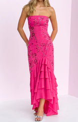 Khai Pink Ruffle Maxi Scarf Beaded Dress