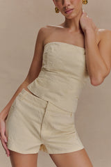 Ebony Embroidered Denim Micro Shorts Cream