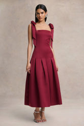 Alberta Burgundy Satin Square Neck Midi Dress With Bow Straps