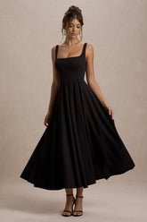 Parina Black Strappy Volume Hem Midi Dress