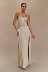 Larissa Satin Maxi Dress With Ruched Petals Blush Gold