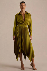 Naxos Olive Satin Shirt Maxi Dress With Pleated Skirt