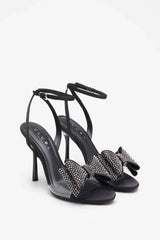 Bowing Black Satin Heeled Sandals With Diamante Bows