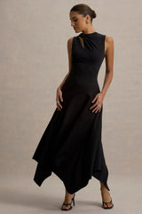 Francesca Black Knotted Midi Dress With Handkerchief Hem