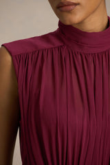Melanina Burgundy High Neck Maxi Dress With Ruched Detailing