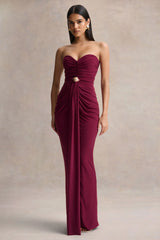 Beverly Burgundy Bandeau Maxi Dress With Gathered Detailing