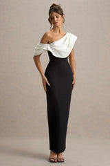 Angelina Black White Draped Shoulder Maxi Dress