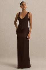 Morgan Brown Satin Corset Maxi Dress