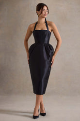 Cosetta Black Halter Neck Midi Dress With Tulip Skirt